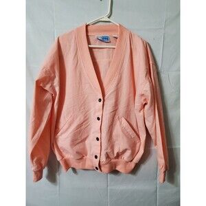 Kathy Davis Cardigan Sweater Peachy Pink Size Medium V Neck Front Pockets